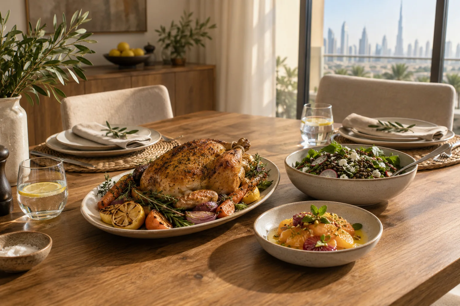 Household tasting meal with roast chicken, lentil salad and citrus dessert