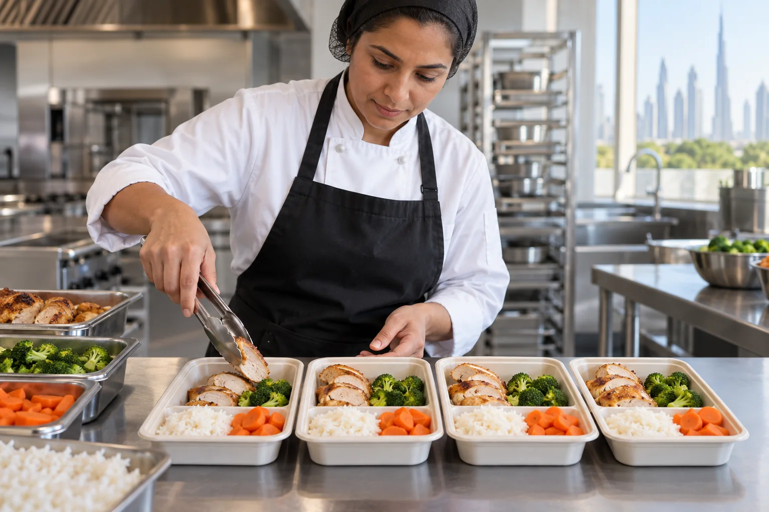 Cook portioning chicken, rice and vegetables into school lunch trays
