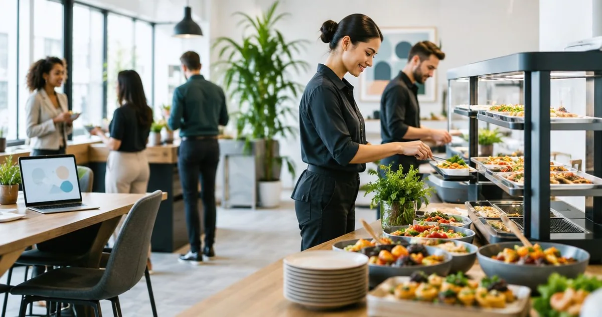 A catered buffet set beside a shared office kitchen