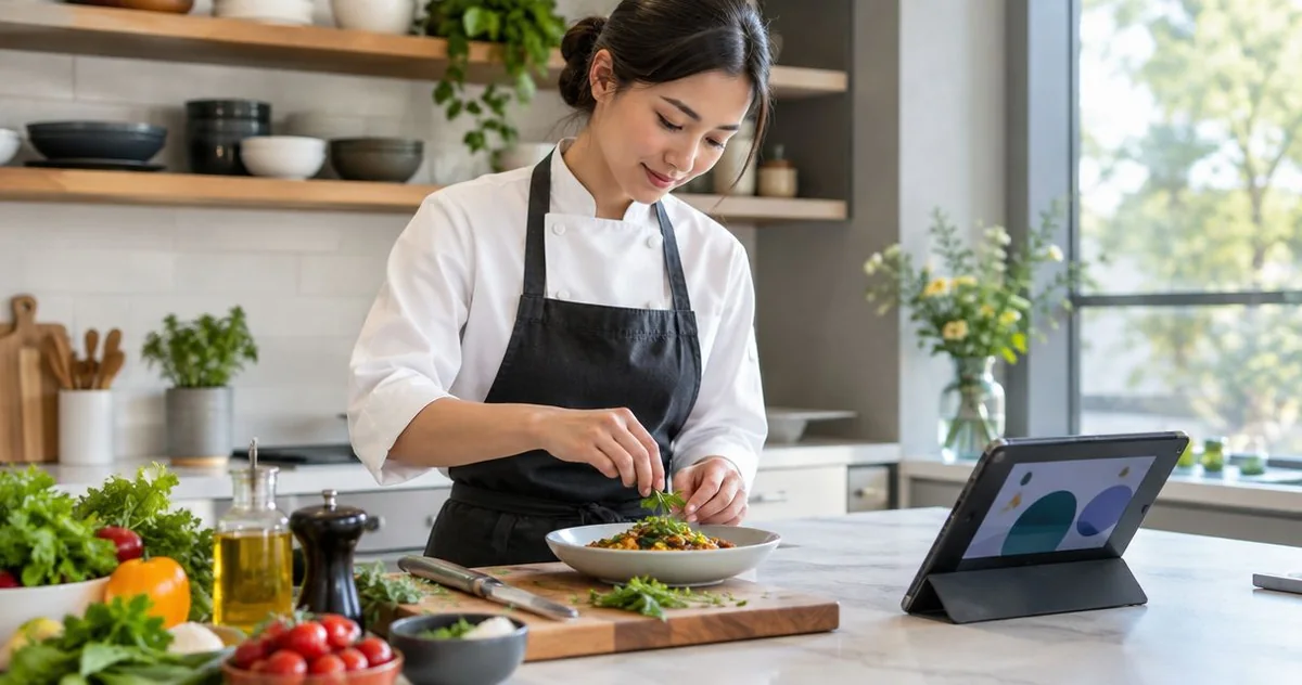 A chef preparing ingredients beside a tablet in a home kitchen