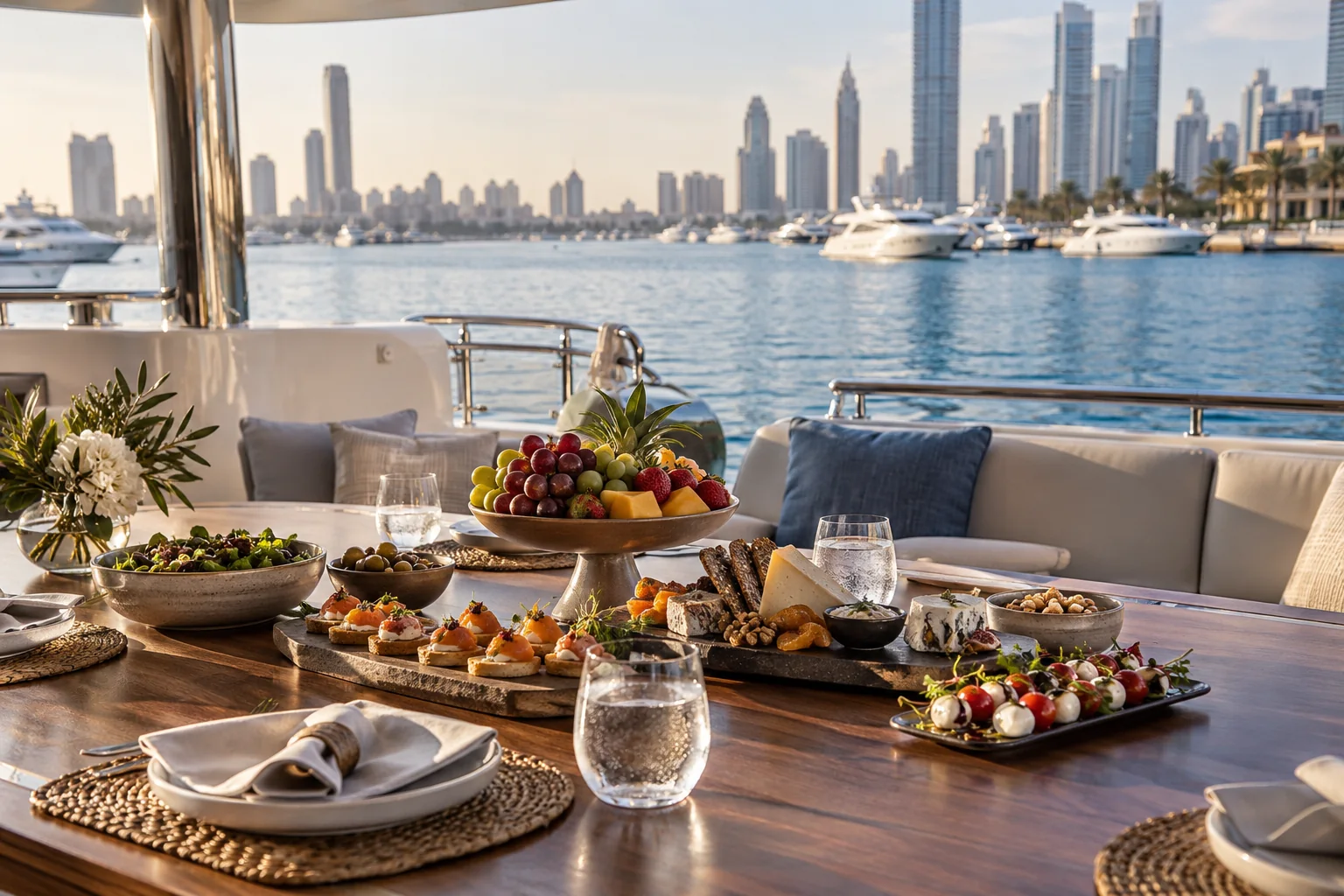 Finger food and fruit arranged on a shaded yacht dining table