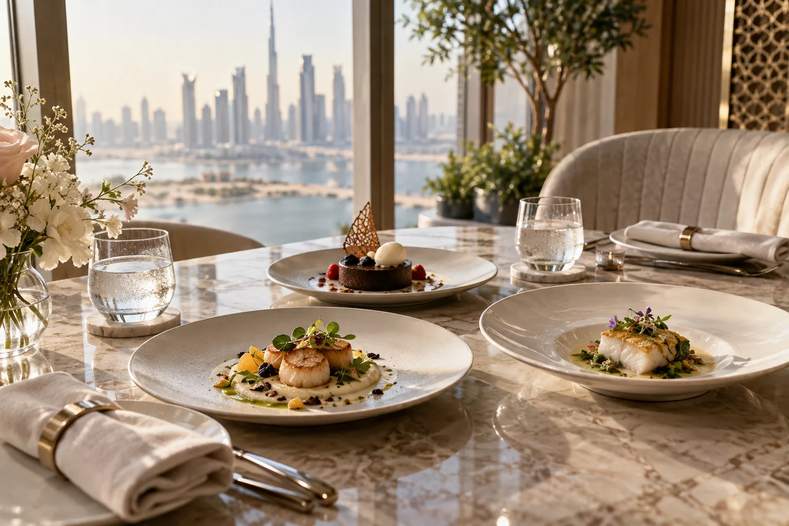 Sample wedding courses presented on ivory plates at an intimate tasting