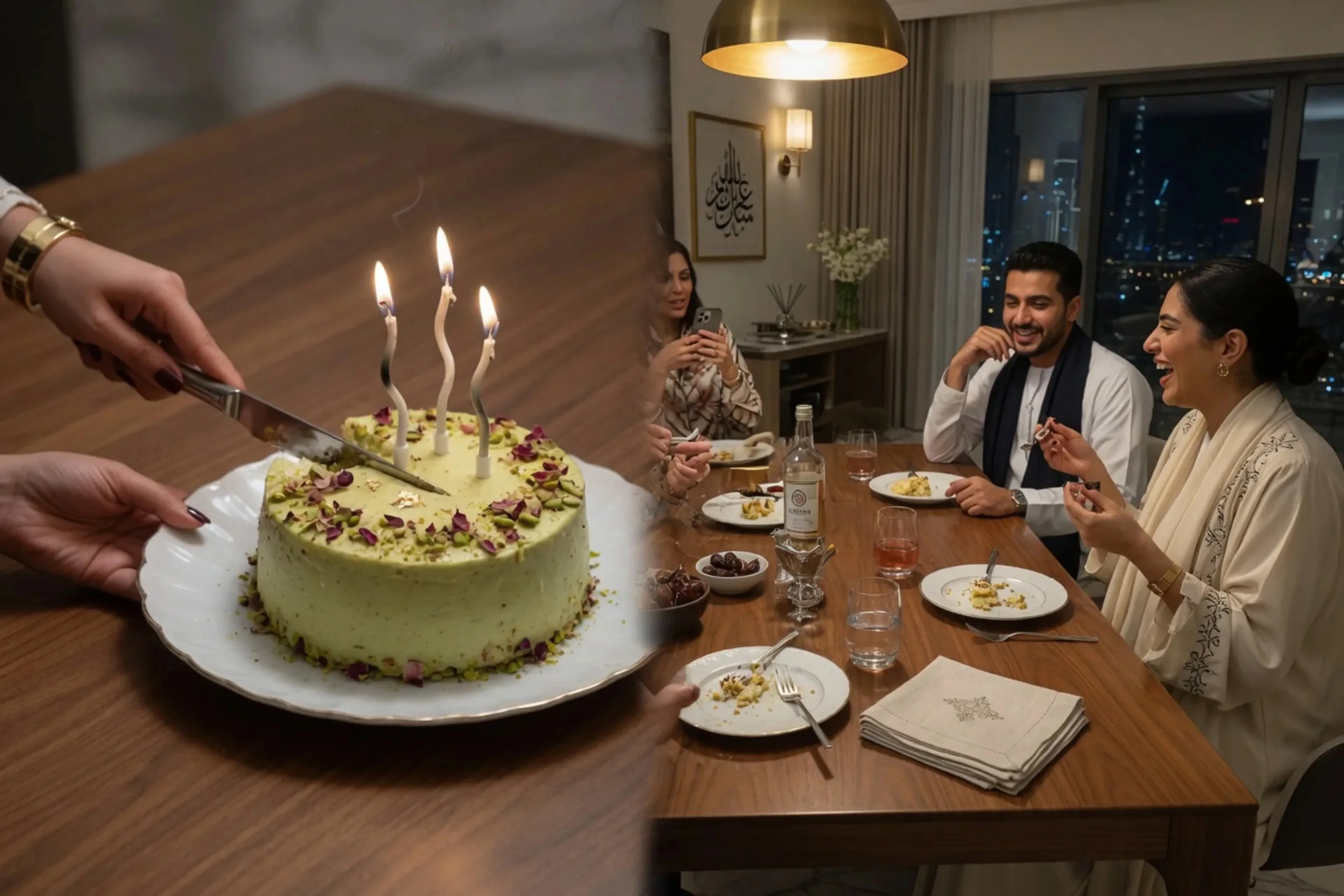Small birthday cake being cut as a plated course at a home table