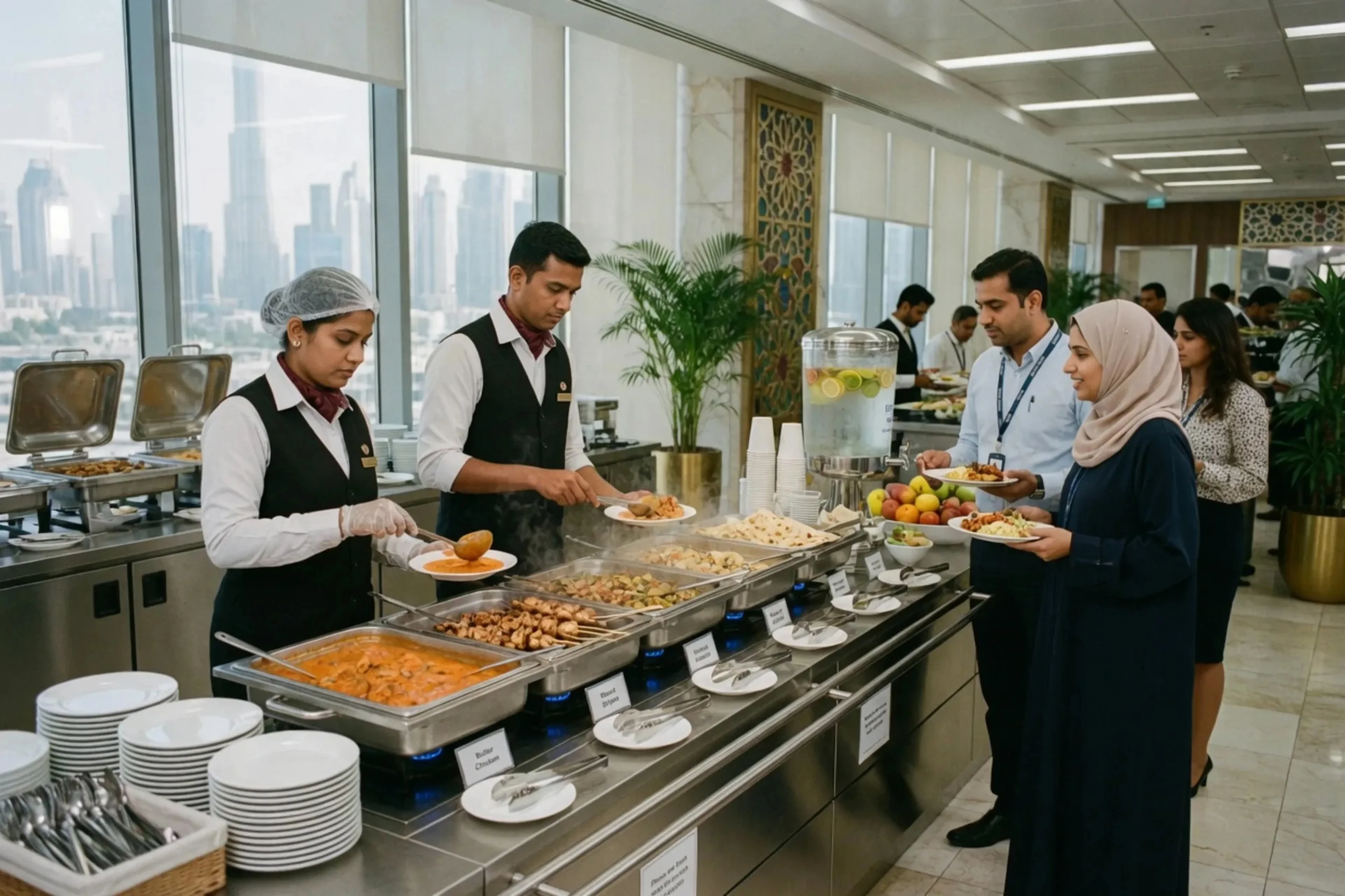 Staffed office buffet with servers behind the line