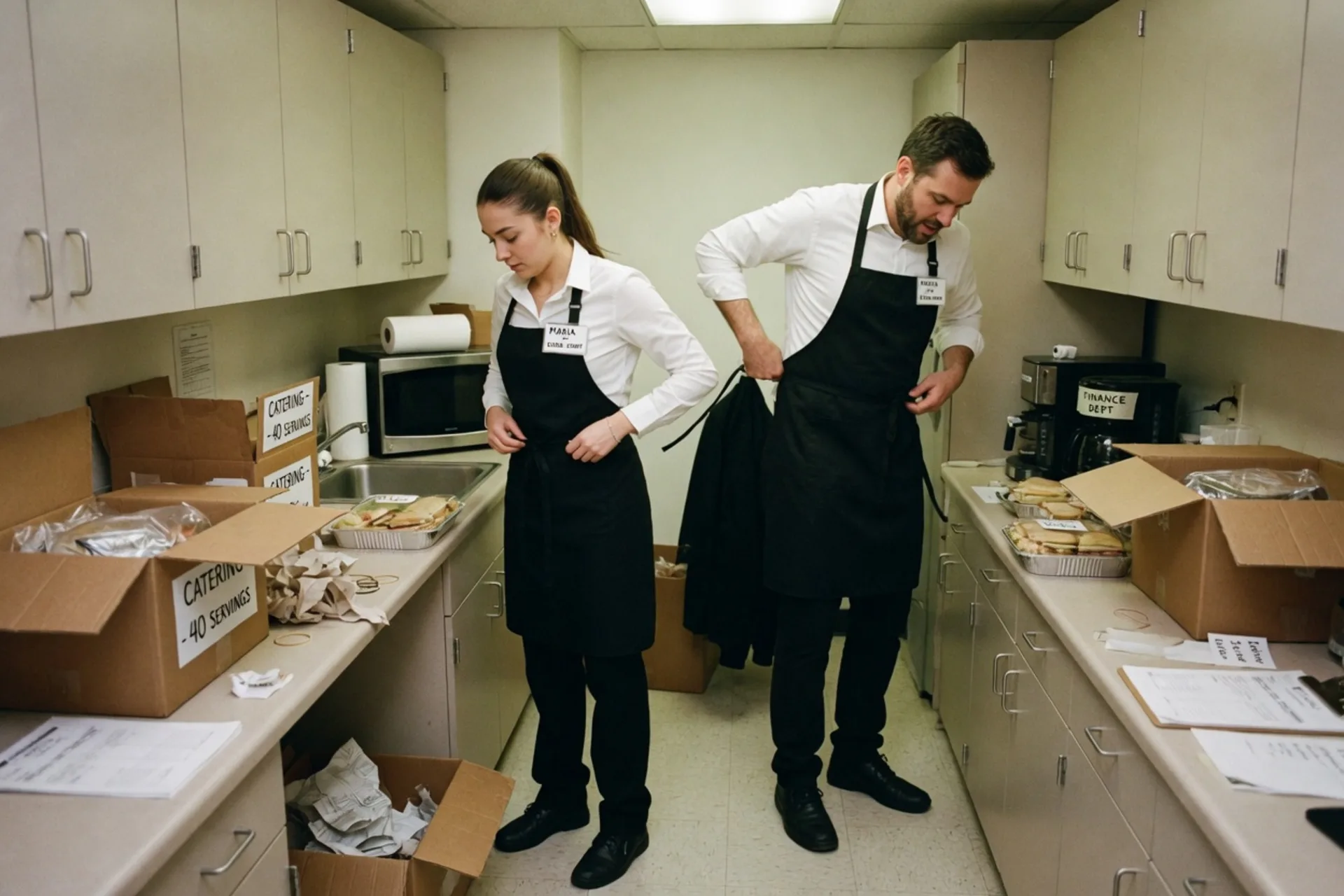 Extra servers putting on aprons in an office pantry before service