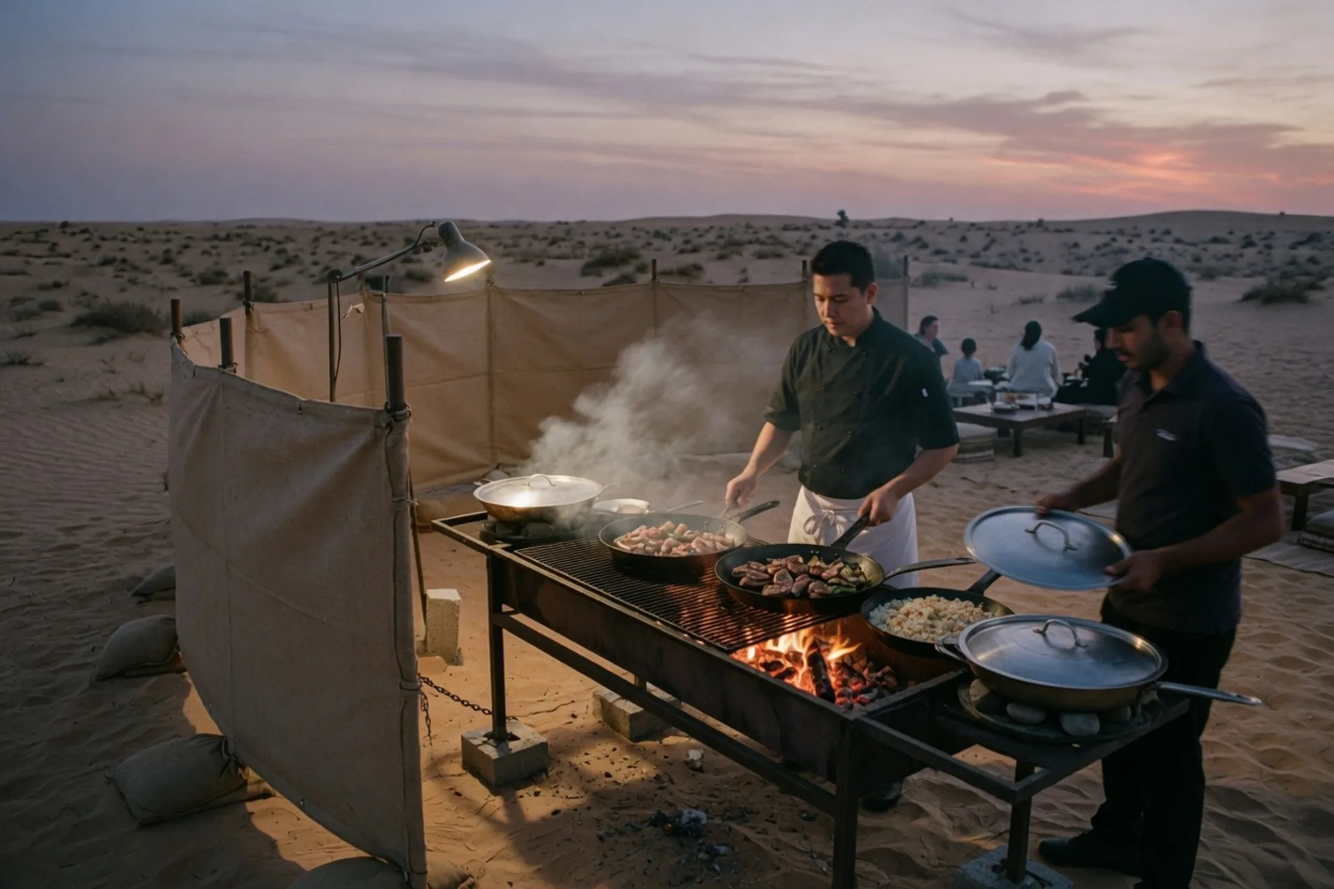 Chef at a wind-protected desert grill with guests at a distance
