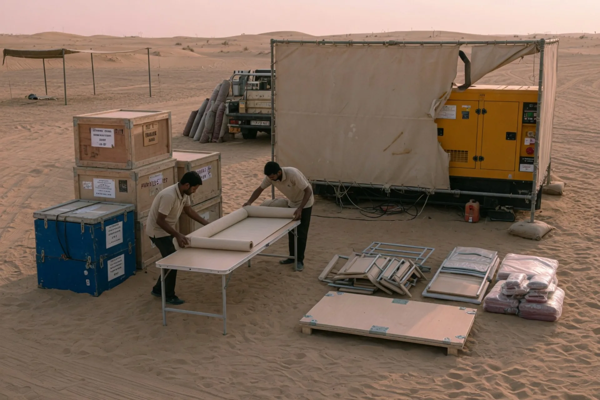 Licensed desert camp setup: crates, generator screen, staff unfolding a table