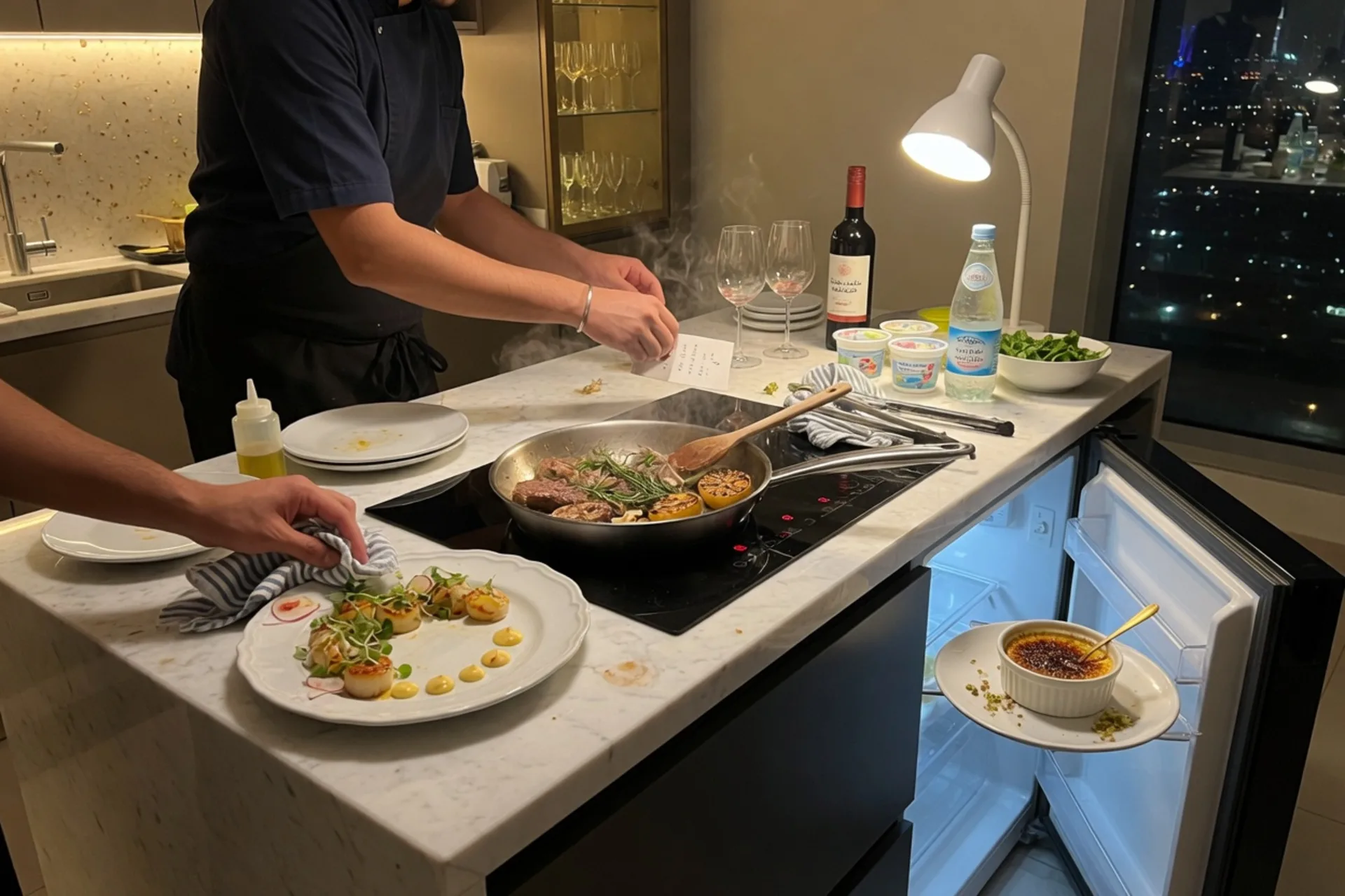 Three courses in different states on a home kitchen island during service