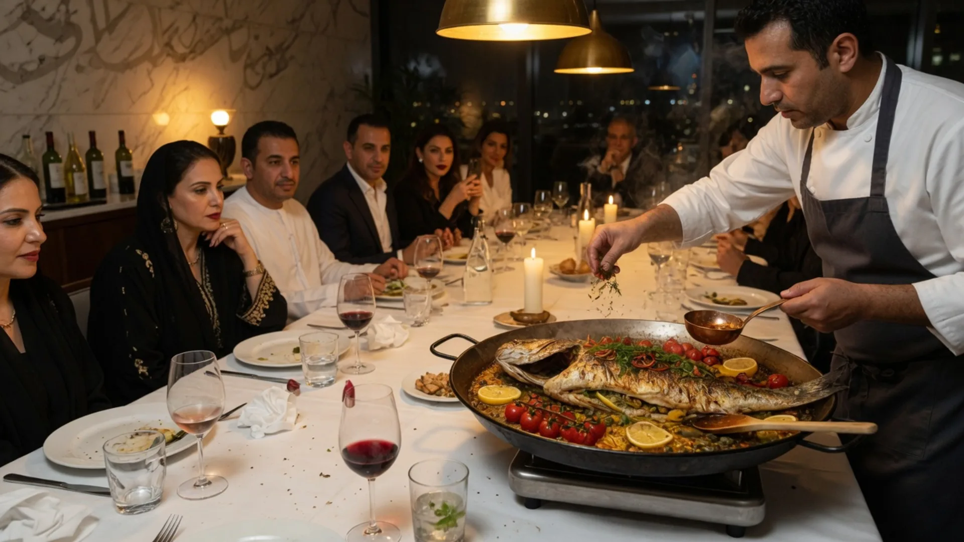 Chef finishing a sharing showpiece at the end of a dining table