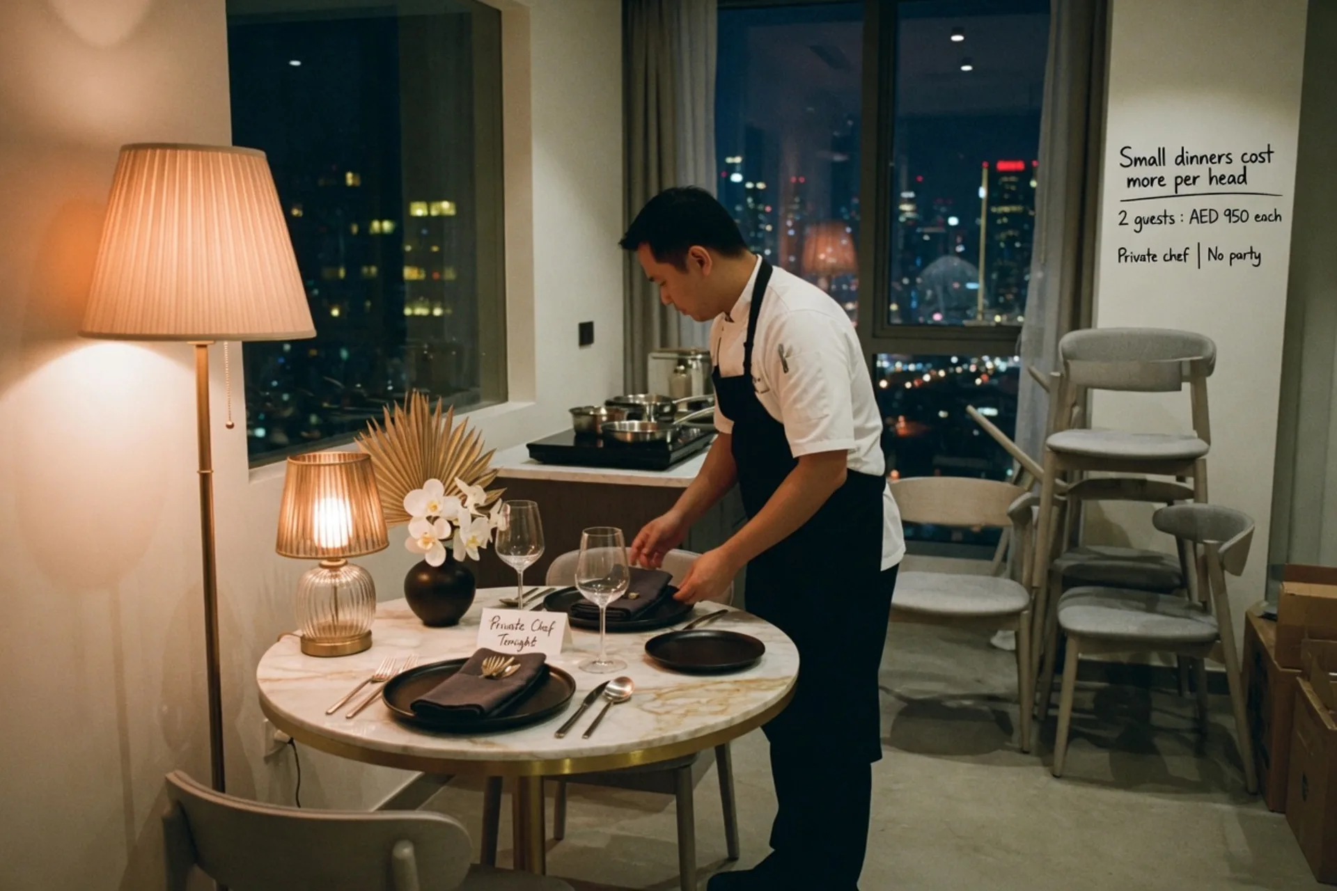 A table set for two with extra chairs stacked — small dinners cost more per person