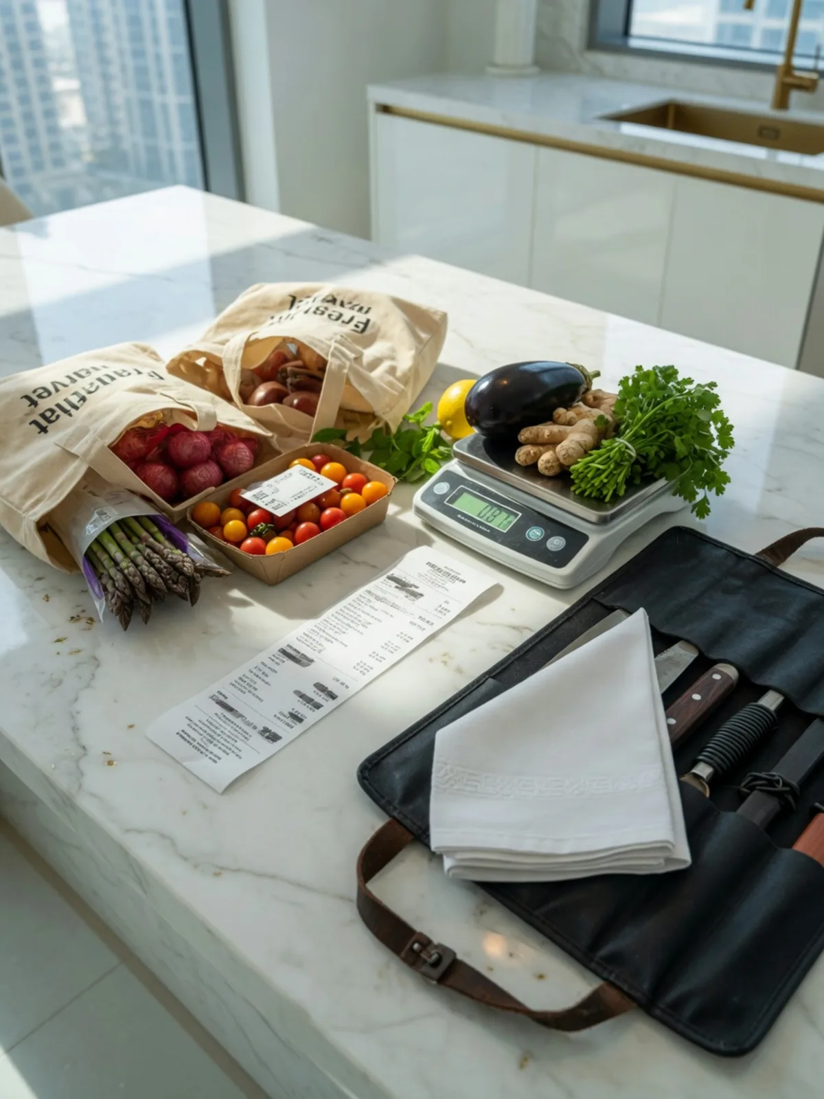 Groceries, produce on a scale, knife roll and service cloth on a kitchen island