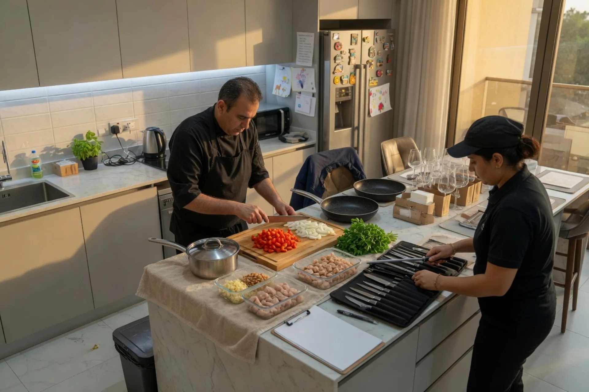 A chef and client discussing ingredients across a kitchen counter