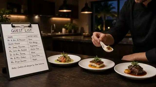 A chef plating individual courses beside a written dinner plan