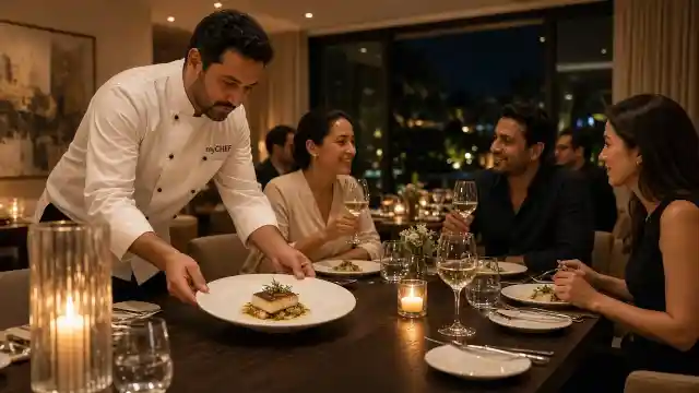 A chef presenting dishes at a seated dinner