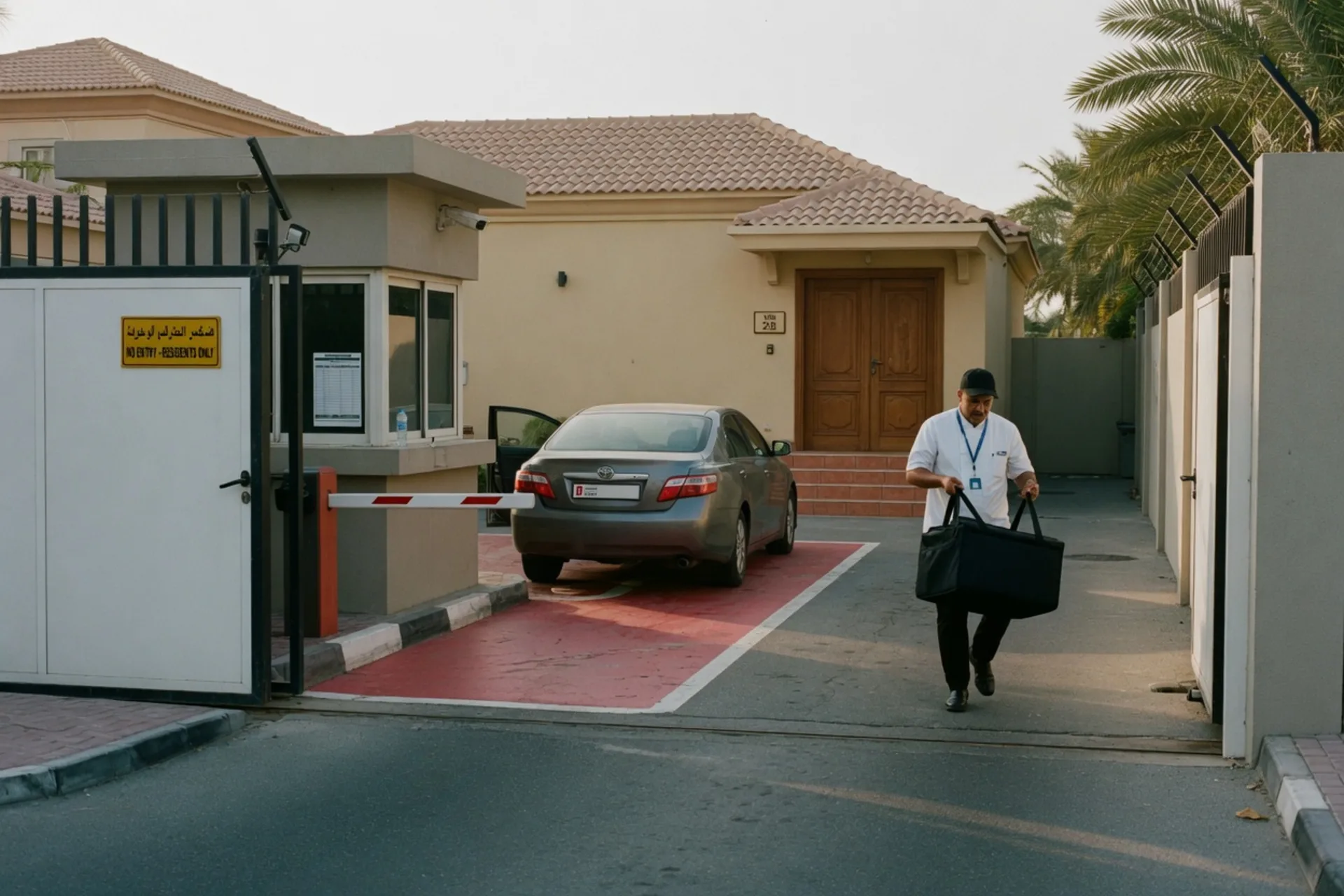 Chef carrying an unmarked bag from a car toward a Palm Jumeirah villa gate