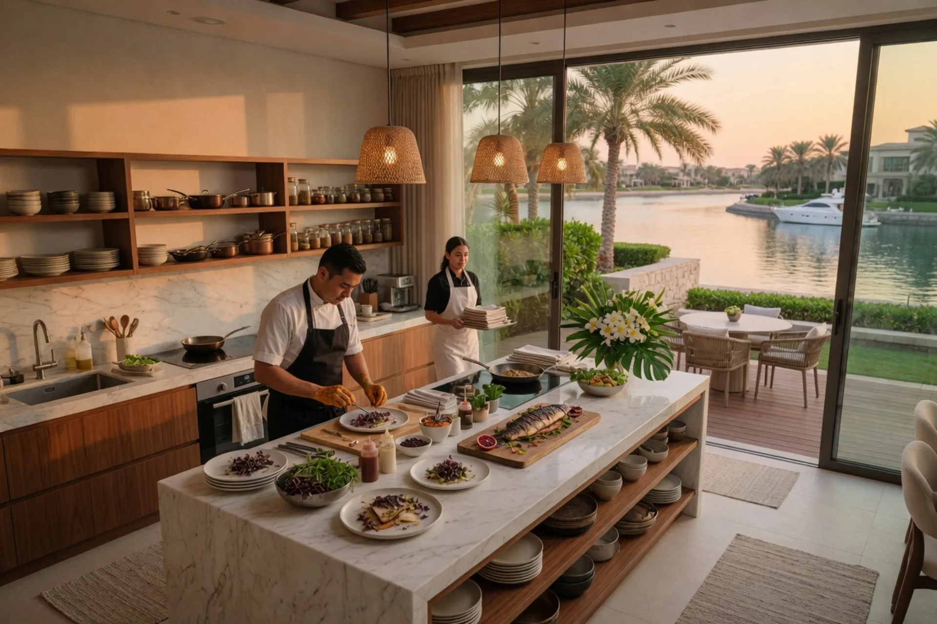Chef plating in a Palm Jumeirah villa kitchen with the waterway beyond the glass