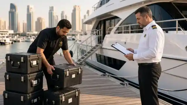A chef loading insulated catering equipment beside a moored yacht