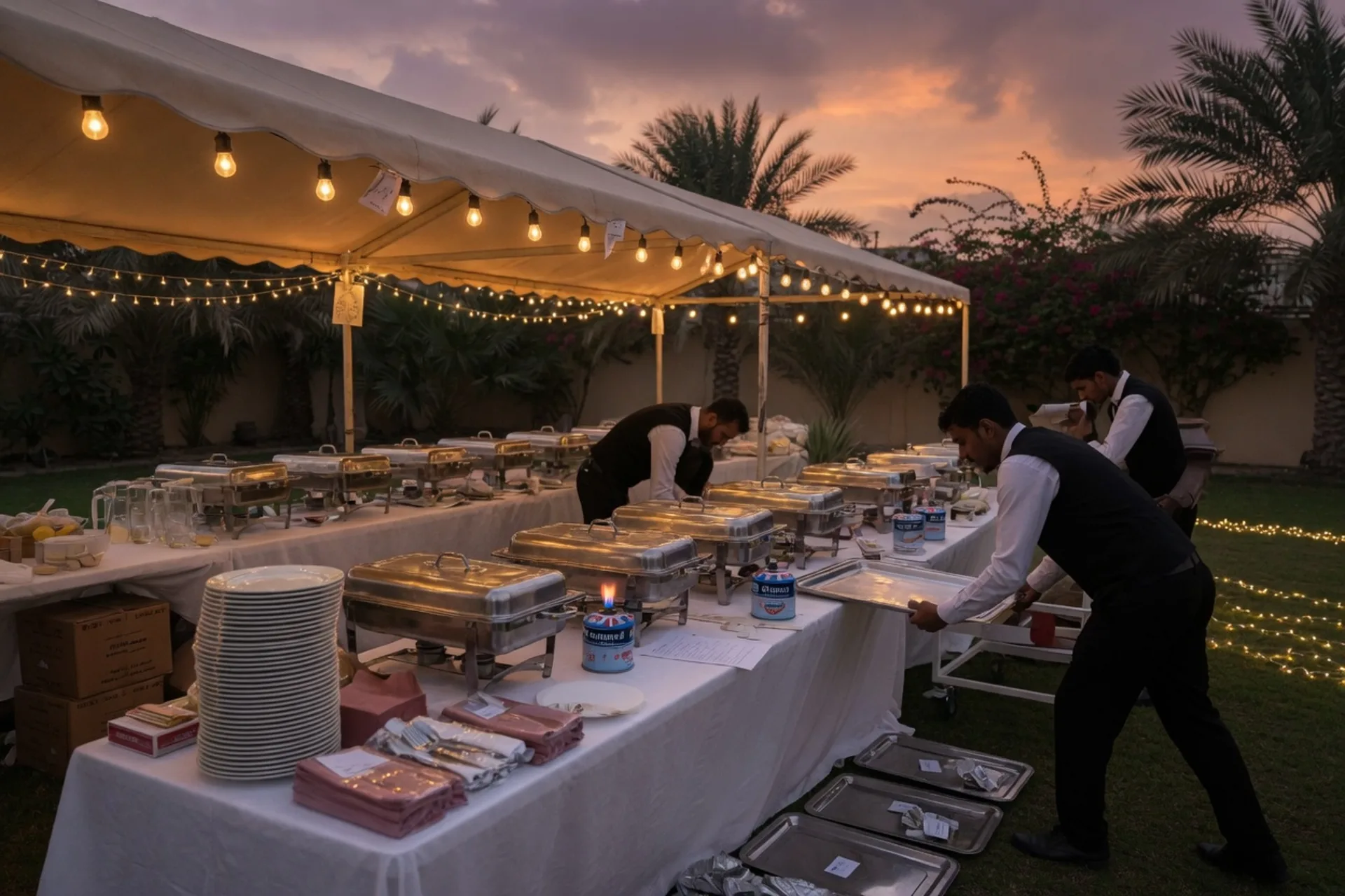 A long wedding table set for a plated villa dinner in Dubai. Experience concept shown.