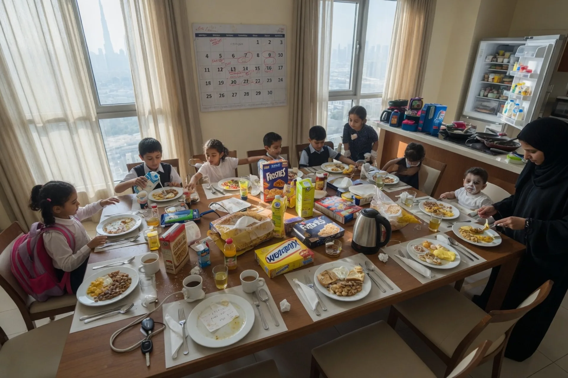 Busy family breakfast table that a household is trying to keep up with