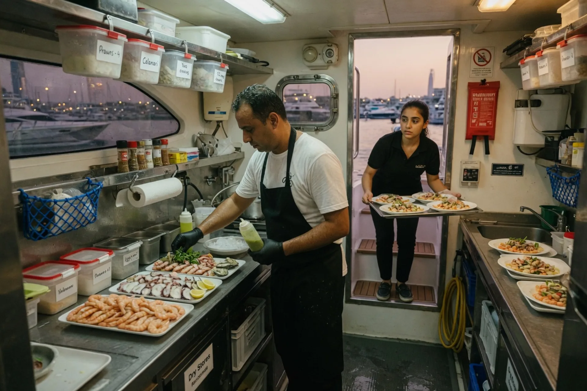 Chef finishing cold seafood in a compact yacht galley