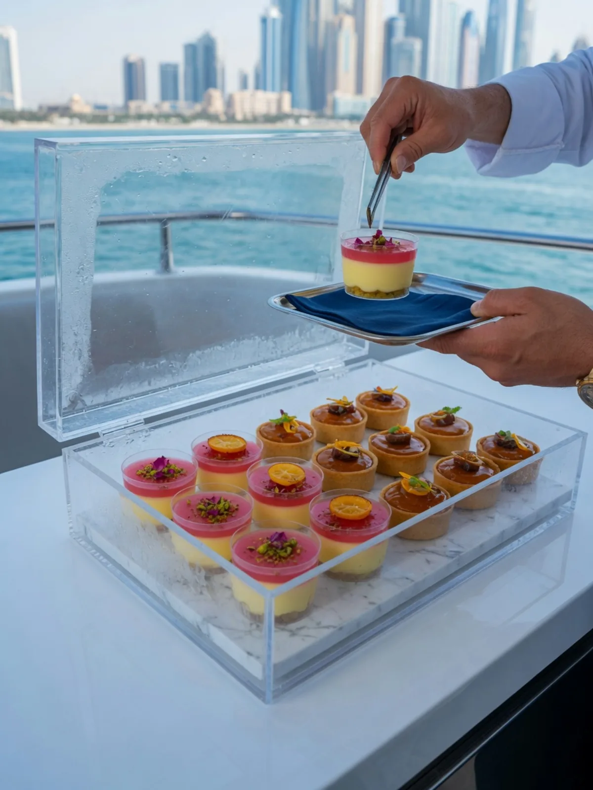 Individual heat-stable desserts in a chilled box on a yacht counter
