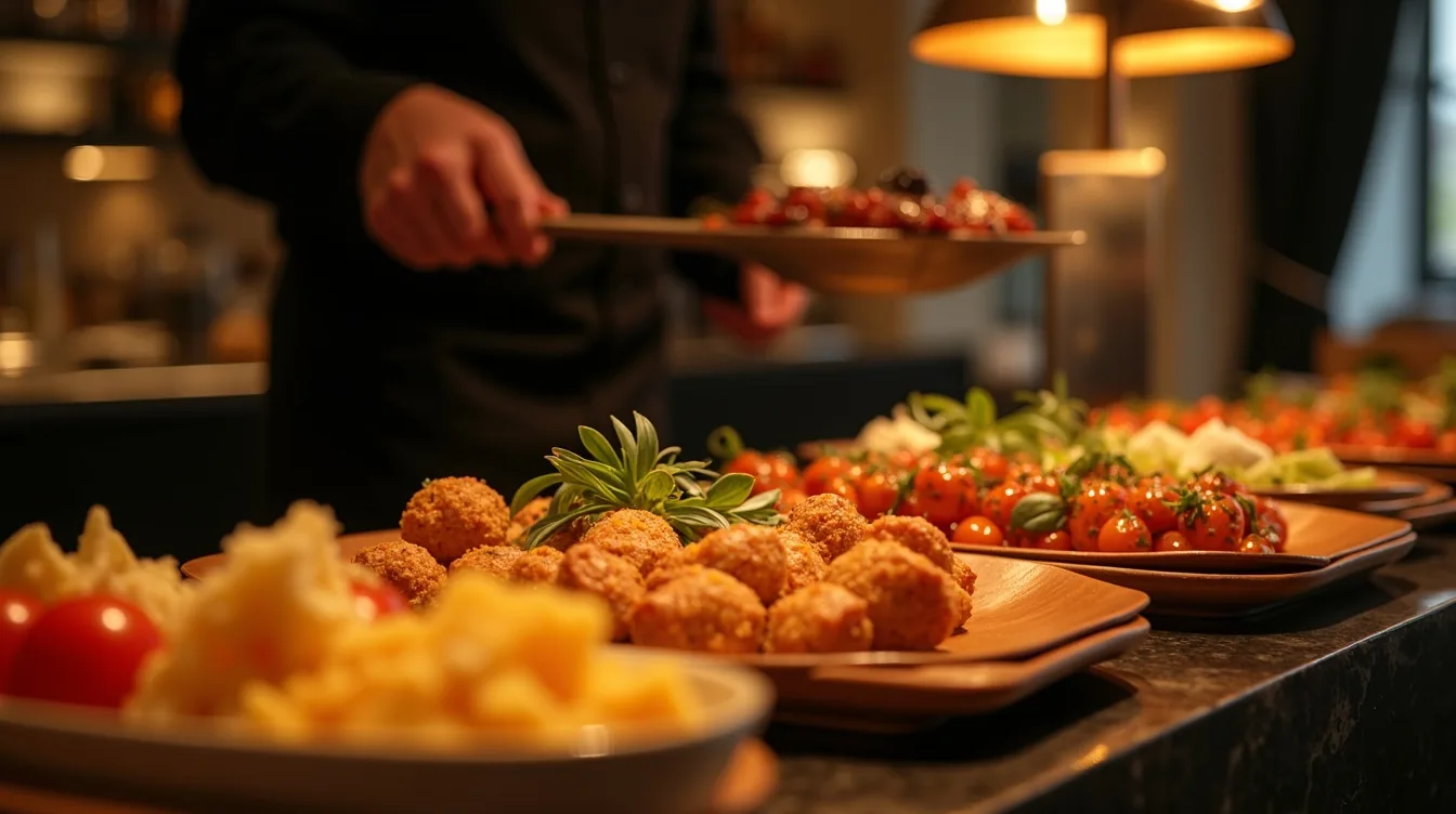 Guests at a Dubai villa buffet while the catering team replenishes a hot station. Experience concept shown.