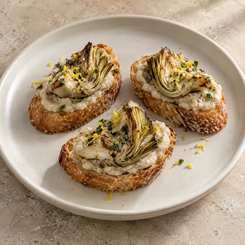 small sourdough crostini topped with white bean puree, browned grilled artichoke quarters and fine lemon zest