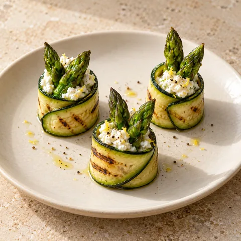 compact grilled courgette ribbon rolls around asparagus tips and white lemon ricotta, elegantly standing on small plate