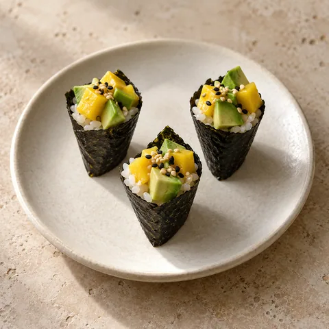 very small black nori cones with white sushi rice, green avocado and yellow mango cubes, tiny sesame garnish