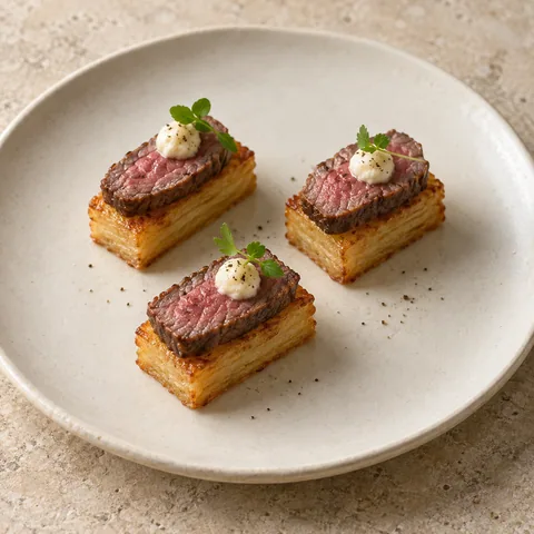 rectangular crisp potato bites each topped with a slice of cooked beef fillet and a tiny horseradish cream dot