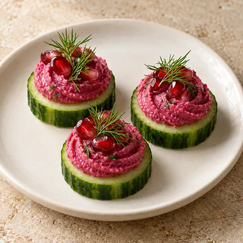 fresh thick cucumber rounds each with a swirl of vivid pink beetroot hummus, a few pomegranate seeds and dill