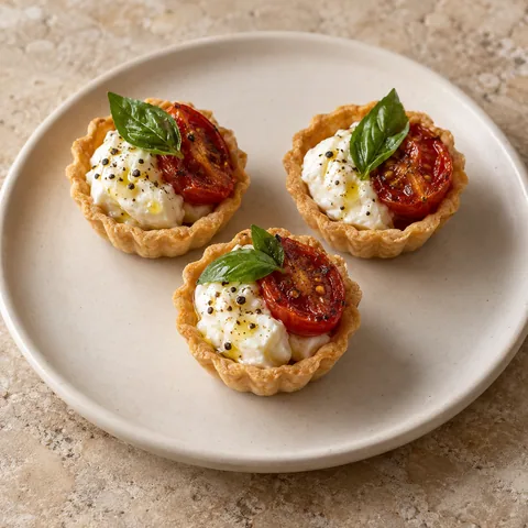 tiny tart shells with burrata, one red roasted cherry tomato half and a small vivid basil leaf each