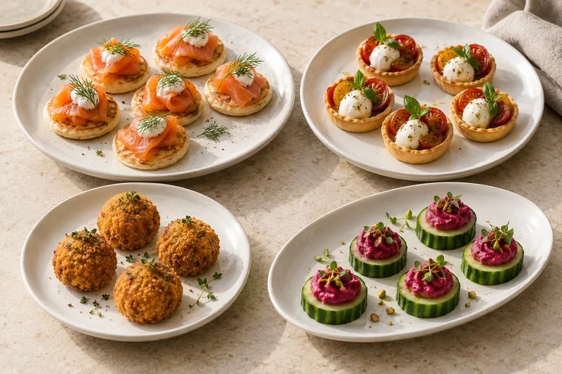 Smoked salmon blinis, tomato tartlets, golden croquettes and beetroot cucumber bites on ivory plates