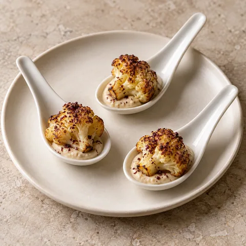 white porcelain tasting spoons each holding a small golden roasted cauliflower floret on tahini with tiny sumac sprinkle