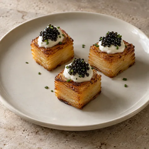 neat golden layered potato pave cubes with small quenelles of cultured cream and modest black caviar pearls