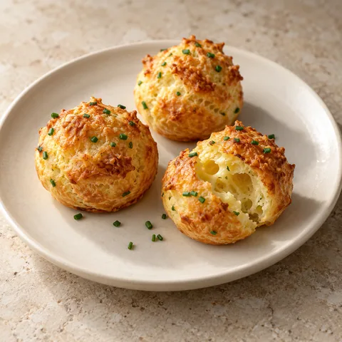small round golden cheese gougeres with airy choux texture and fine chives, one split slightly