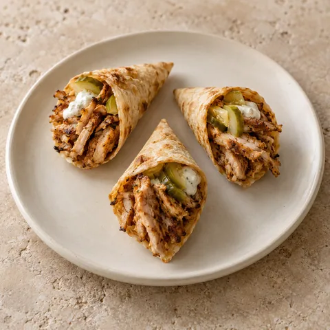 petite crisp flatbread cones filled with cooked sliced chicken shawarma, small garlic cream dots and pickled cucumber