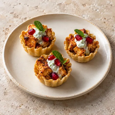 small golden tartlets filled with cooked chicken tikka pieces, a mint yoghurt dot and pomegranate seeds