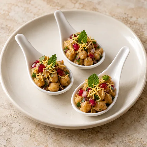 white porcelain tasting spoons with chickpea chaat, tiny pomegranate seeds, mint and delicate golden sev strands
