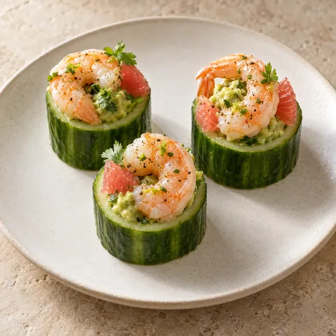 thick hollowed cucumber cups filled with avocado and one curled cooked pink prawn each, tiny grapefruit segments