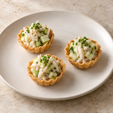 tiny fluted tart shells filled with white crab meat and finely diced green apple, a tiny chive garnish