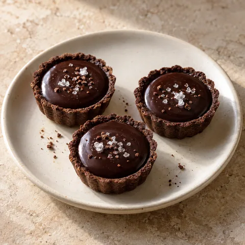 miniature dark chocolate tartlets with smooth glossy ganache surfaces and a few sea salt flakes