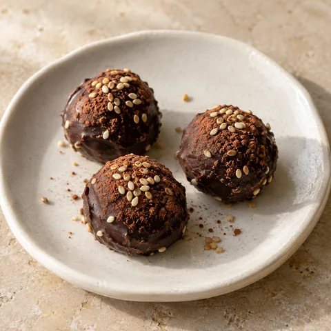 small hand-rolled dark chocolate coated date truffles dusted lightly with cocoa and a few sesame seeds