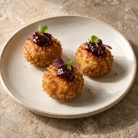 small round golden duck croquettes with realistic crumb texture and small dark sour cherry glaze dots