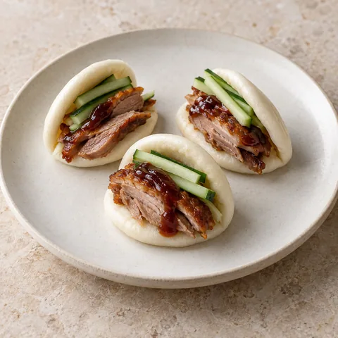 Miniature bao with roast duck, cucumber and plum sauce