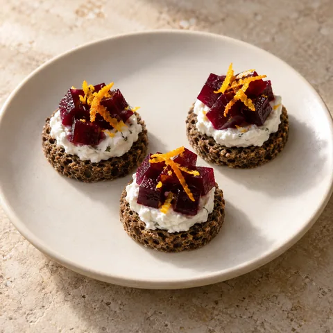 small rye bread rounds topped with soft goat cheese, neat ruby beetroot cubes and orange zest