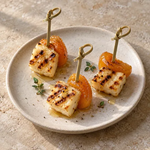 short bamboo picks holding grill-marked halloumi cubes and small apricot pieces with a very light honey glaze