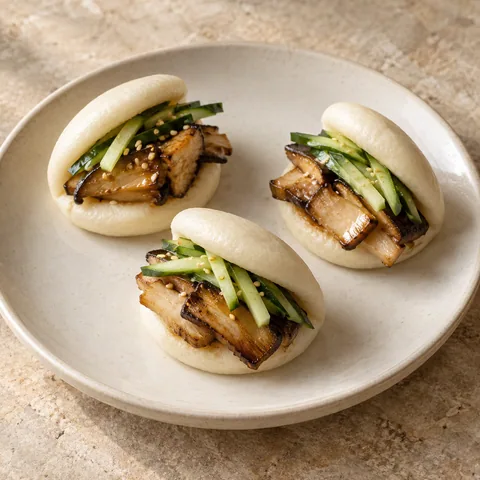 very small fluffy folded white bao buns filled with seared king oyster mushroom slices and thin cucumber batons