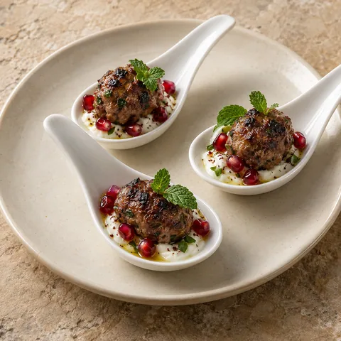 white porcelain tasting spoons each with one small grilled lamb kofta on labneh, pomegranate seeds and mint