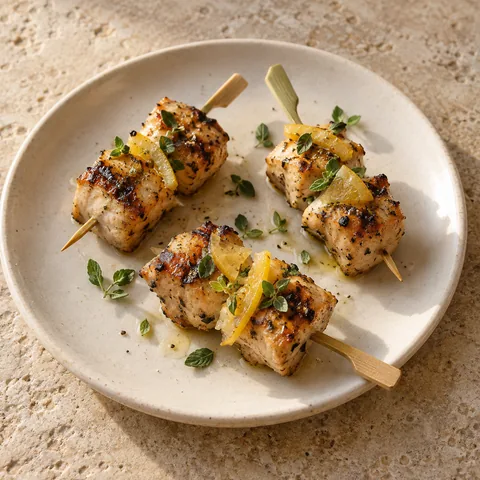 short bamboo skewers each with two small grilled chicken cubes, light char, preserved lemon and oregano